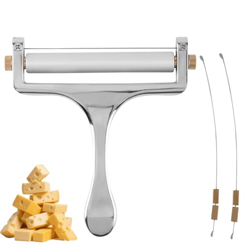 Cheese Slicer, Stainless Steel Cheese Cutter with 2pcs Wire Replacement Adjustable Slice Comfortable Handle Handheld Butter Block Peeler Plane Shaver Knife for Mozzarella Cheddar Gruyere Kitchen Tools