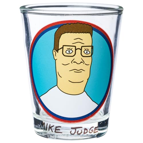 Image of Silver Buffalo King of the Hill Character Faces 4 Pack Mini Glass Set Featuring Hank Hill, Bobby Hill, Peggy Hill, and Lady Bird, 1.5 Ounces