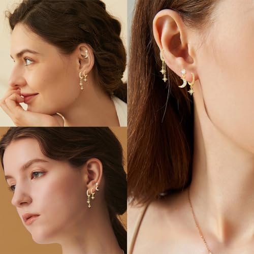 Image of SANNIDHI 3 Pairs Earrings Set for Women Stud Hoop Earrings Moon Star Earrings Combo for Multiple Piercing