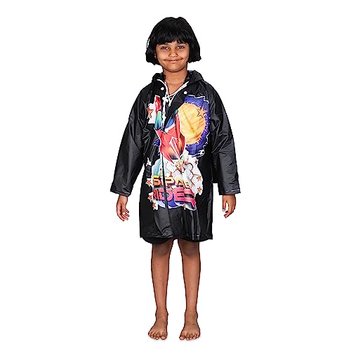 Image of THE CLOWNFISH Toon Caper Series Kids Waterproof PVC Longcoat with Adjustable Hood & Extra Space for Backpack /Schoolbag Holding. Printed Plastic Pouch. Kid Age-5-6 years (Jet Black)