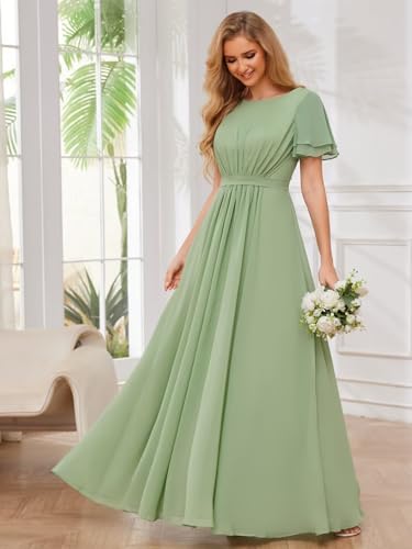 Image of Chiffon Formal Dresses for Women Scoop Neck Modest Bridesmaid Dress with Sleeves Burnt Orange Size 12