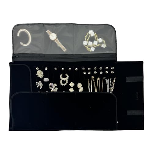 Image of UnionPlus Velvet Jewelry Roll Organizer, Travel Jewelry Case with Multiple Compartments for Rings Earrings Necklaces Bracelets, Compact Portable Jewelry Storage