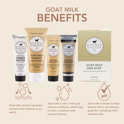 Image of Dionis Goat Milk Vanilla Bean Hand Cream, Body Lotion, Whipped Body Scrub, Shave Butter, Bar Soap 6 oz & Carrying Case 6-Piece Travel Set
