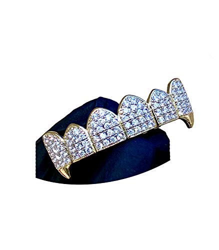 14k Rhodium Over Gold Finish Grillz for Mouth Top Hip Hop Iced Slug Teeth Fangs Grills for Mouth Grillz for Mouth Top Hip Hop Grills for Teeth Mouth Set - Teeth Cap, Iced Grillz 6 Teeth Top Only