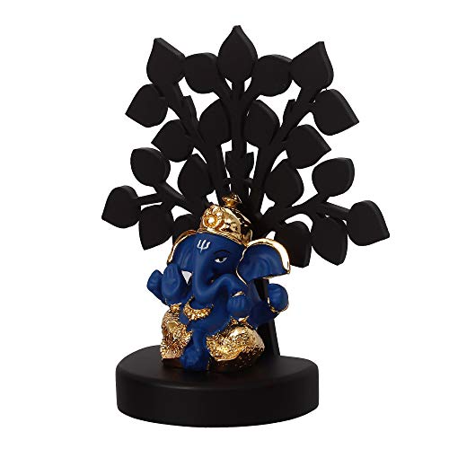 Image of eCraftIndia Gold Plated Blue Dhoti Ganesha Decorative Showpiece with Wooden Tree for Home /Temple /Office /Car Dashboard