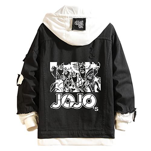 ZOSUO Unisex JoJo's Bizarre Adventure Denim Hoodie Jacken JoJo Falsche Zweiteilige Jeansjacke Anime Cosplay Kostüm Kapuzenjacke Hoodie Jacke Mantel Sweatshirt,Schwarz,L Cover