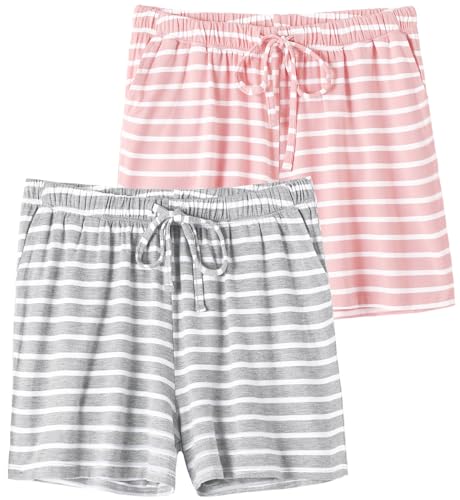 Knuffnee Pyjama Bottoms Short Women Soft Sleep Shorts Lounge Pyjama Short 2 Pack Pink Stripe/Grey Stripe S
