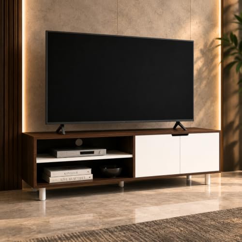 Image of GRATUS Duston Wooden TV Unit for Living Room | Free-Standing TV Cabinet with Shutters & Storage Compartments | TV Stand Table for 43-65 Inch TVs | Cable Management | Wenge Finish