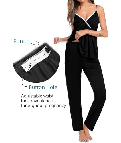 SWOMOG Maternity Nursing Robe Set 3 Piece Breastfeeding Pajamas 3 in 1 Labor Delivery Sleevless Tops&Long Pants Pregnancy Pjs3