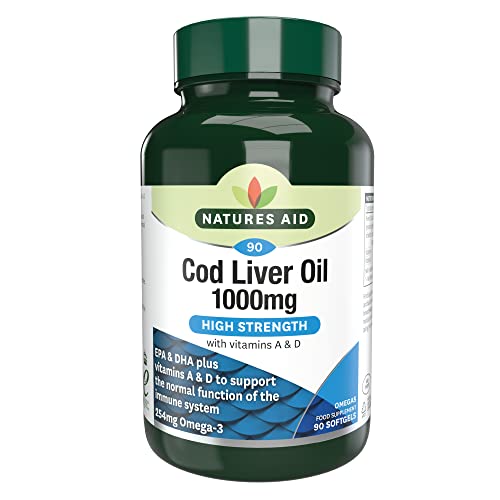 Natures Aid Cod Liver Oil 1000mg Softgels High Strength Omega-3 Fish Oil with Vitamins A & D Supports Immune System Heart Health Brain Vision Joints Non-GMO 90 Capsules