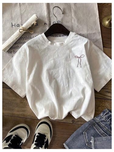 Girl's Bowknot Letter Graphic Tshirt Short Sleeve Crew Neck Cute Summer Tee Tops2