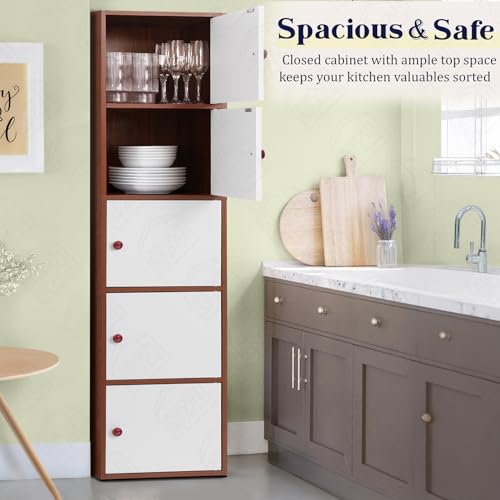 Image of ABOUT SPACE Wooden Cabinet - 5 Tier Storage Cabinet for Living Room with Magnetic Door, Space Saving Book Self for Home, Engineered Wood Kitchen Crockery Unit (Oak Red - L 38 x B 38.5 x H 165.5 cm)