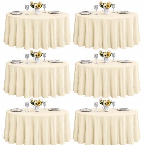 Image of 6-Pack Round 108-inch Beige Table Cloths, Solid Stain and Wrinkle Resistant Circular Tablecloth, Premium Plain Weave Polyester Fabric Table Linen Covers for Hotel, Banquet