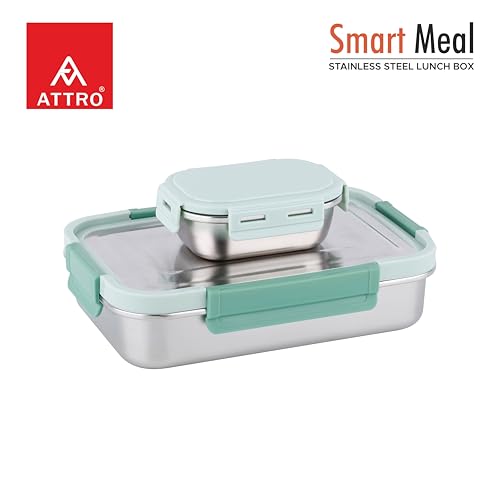 Image of ATTRO Smart Meal Big Stainless Steel Lunch Box with 1 Small Container Airtight Spill-Proof BPA Free Food Grade Ideal for Office, School, Picnic, 950ml+170ml- Green
