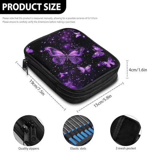Image of Crochet Hook Case Purple Butterfly Crochet Hook Holder Portable Crochet Hook Storage Bag with Web Pockets Suitable for Crochet Needles /Knitting Accessories