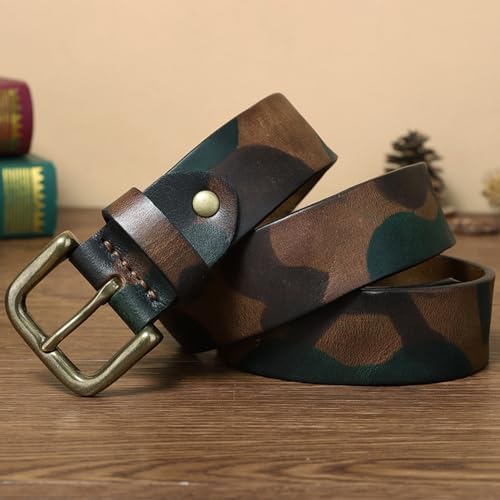 Camouflage Genuine Cowhide Belt for Men Women-Vintage Leather Strap with Solid Brass Buckle for Students & Young Adults(105cm/41, Green)2