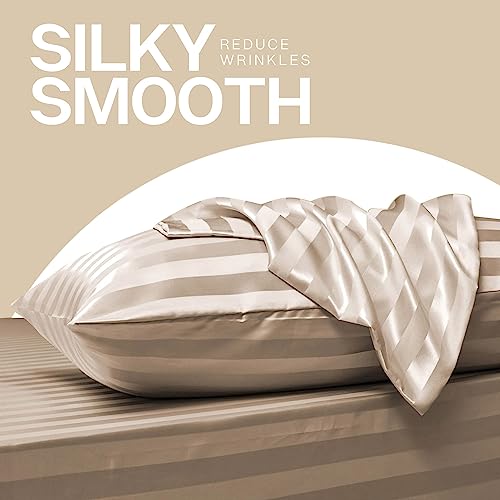Image of MR&HM Satin Pillowcase for Hair and Skin, Silk Satin Pillowcase 2 Pack, Queen Size Pillow Cases Set of 2, Silky Pillow Cover with Envelope Closure (20x30, Champagne Striped)