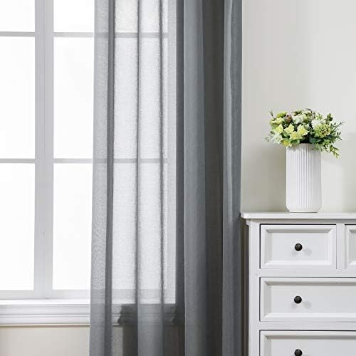 CUCRAF Transparent Voile Curtains 2 Panels Faux Linen Look Grey Eyelet Sheer Curtain for Bedroom Living Room 55x54Inch Drop