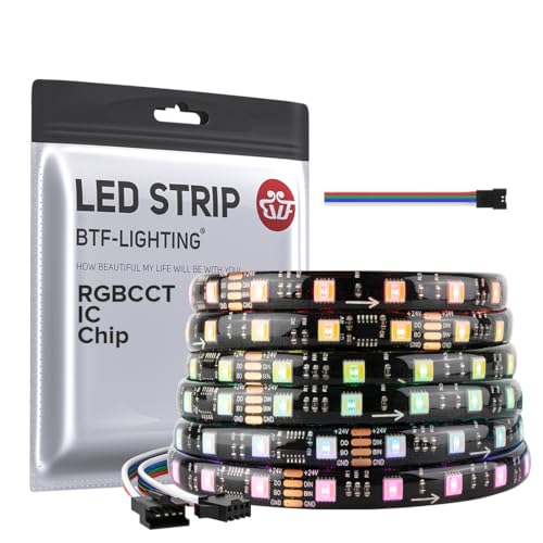 Image of BTF-LIGHTING WS2805 IC RGBCCT Addressable Dual Data LED Strip 5050SMD 16.4FT 60LED /m 10Pixel /m,UL Listed,5 Colors in 1 Chasing Color RGB+CCT 3000K-6500K IP65 DC24V(No Adapter or Controller)