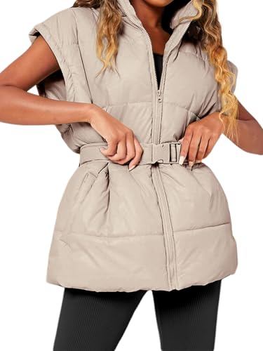 Danedvi Women's Oversized Puffer Vest Stand Collar Cap Sleeve Padded Gilet Outerwear with Belted3