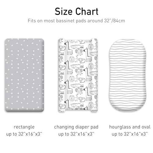 Image of 3 Pack Baby Bassinet Sheets for Baby Boy Girl, 32 inch x 16 inch Bassinet Mattress Sheets, Compatible with Round, Oval, Hourglass, Rectangle Mattress, Fitted Bassinet Sheets (Grey Animals)