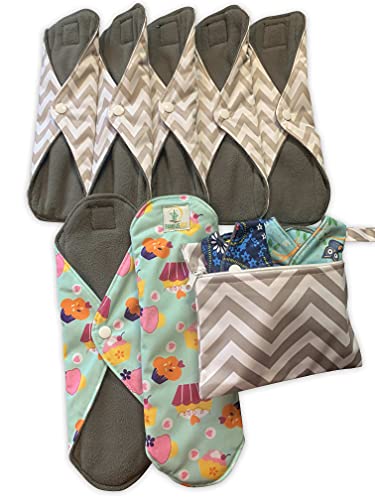 Washable Reusable Sanitary Napkins, Panty Liners, Period Menstrual Pads with Wings, Used for Mild Incontinence or Heavy Flow, Set of 7 with 2 Sizes Medium and Large and Wet Bag for Pads