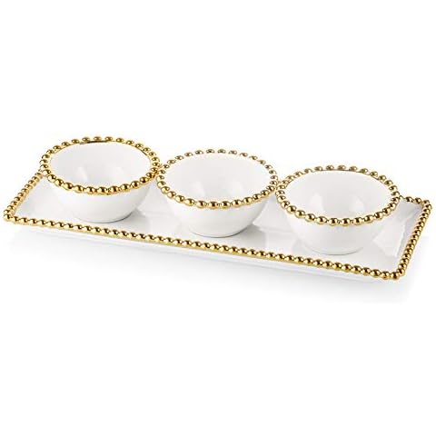 Classic Touch Decorium White Porcelain 3 Bowl Relish Dish and Tray with Gold Beaded Design on Edge-Measure: 14.5" L Cover