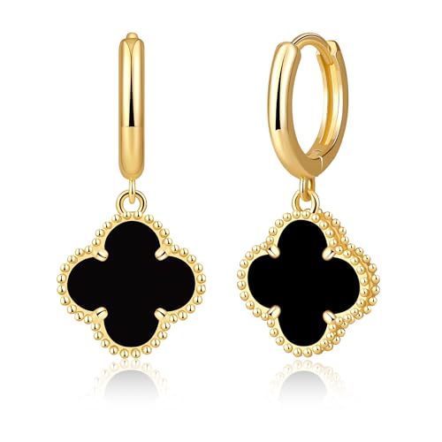 GLOQUAT 14K Gold Plated Onyx Clover Earrings for Women Gold Black Flower Four Leaf Clover Dangle Hoops Hypoallergenic Lightweight Trendy Statement Jewelry Gifts