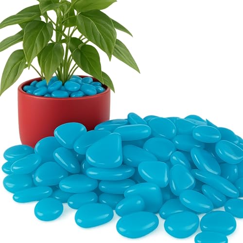 Przydasie 100 Stück Blau Leuchtsteine Garten - Fluoreszierende Terrassen Deko - Bunt Solarsteine für Außen Garten - Pflanzsteine Kieselsteine - Leuchtende Steine für Aquarium Balkon Terasse