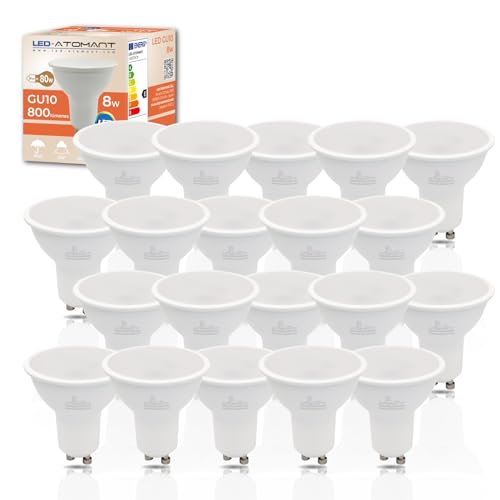 LED ATOMANT Pack 20x Bombilla LED GU10 8W, Color Blanco Frio (6500K), 800 Lumenes, Equivalente a 80W tradicional