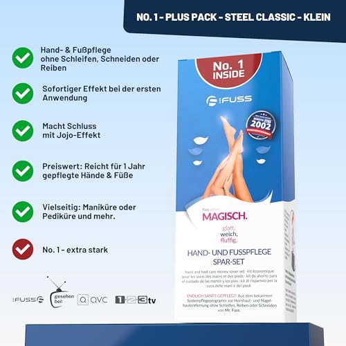 Mr. Fuss® No. 1 - Plus Pack Steel Classic Fußpflege Hornhautentferner Nagelhautentferner Sparpaket 3 tlg., Aktiv-Lösung Schnell & Stark Erweichend - Standard, 200 ml, Watte, Hornhautschaber