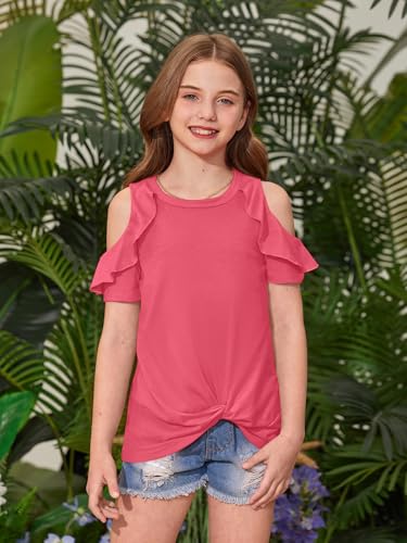 Image of BesserBay Girls Cold Shoulder Tops Twist Front Tunic Ruffle Sleeve Summer Blouses 5-14 Years