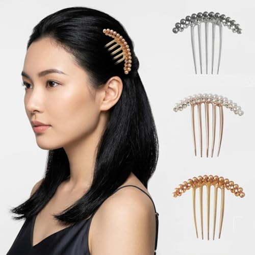 Image of 3 Pack Premium Hair Comb Clips (Gold, Silver, Rose Gold) | Hand-Set Pearls & Crystals | Elegant French Twist Updo Accessories for Weddings, Galas & Professional Wear with storage box