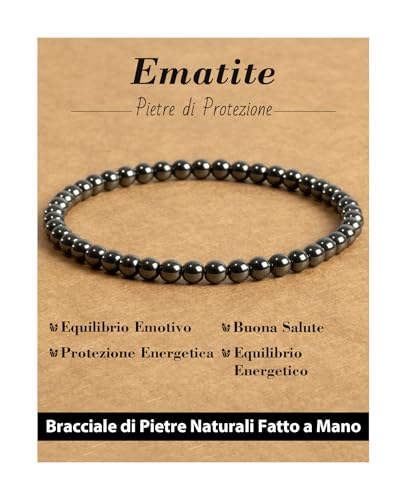 Landorilo Bracciale da Uomo e da Donna in Pietra Naturali, Realizzati con Perle di Pietra Rotonde da 4mm, Bracciale Elastico Yoga, Braccialetti Portafortuna(R Ematite)