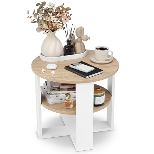 defiPad Table Basse Ronde Ø53 cm – Table d’appoint Bout de canapé avec étagère, 2 Niveaux, Meuble de Salon Moderne, Blanc et chêne Sonoma, Design...