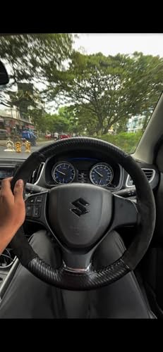 Image of Modsworld Black Alcantara and Carbon Fiber Steering Wheel Grip Cover for car Steering Soft Durable Universal fit for All car Steering Grip Cover with Stiching Thread.