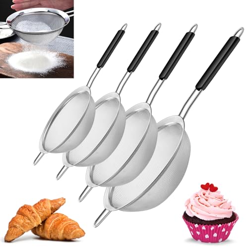 Yimi Fine Mesh Strainers Skimmers Set of 4, Stainless Steel Sieve Strainer Wire Sifter Colanders with Anti-Scald Handle,Kitchen Utensil Ideal for Strain Pasta Quinoa Rice, Ideal for Gift