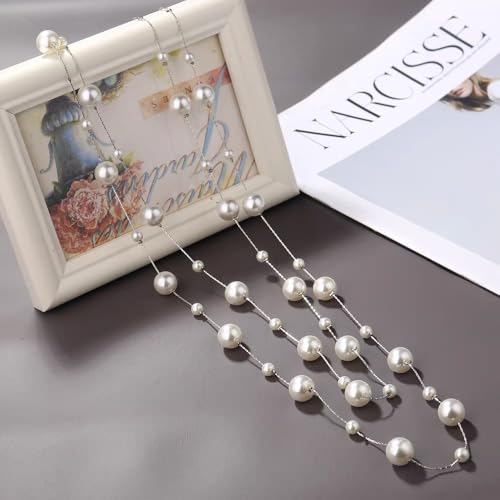 Pearl Layered Strand Necklaces for Women Dainty Fashion Long Imitation Pearls Beads Multiple Strands Chain Layer Choker Necklace Elegant Statement Charm Winter Sweater Vintage Wedding Party Costume Jewelry Gifts4