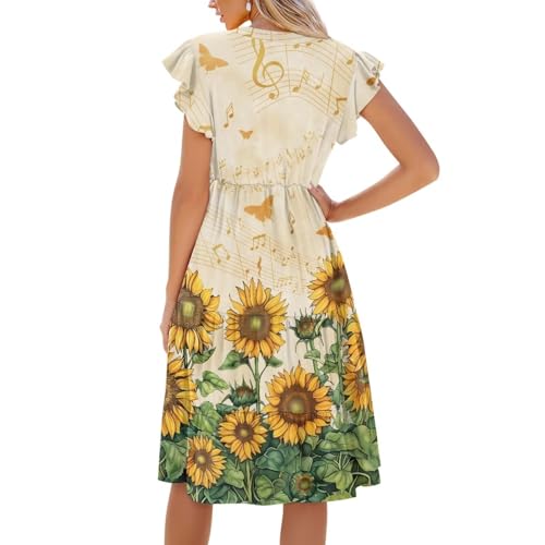 Image of Women's Casual Ruffle Sleeve Dress V Neck Pullover Dress Flowy A-Line Pleated Lightweight Dress with Pockets