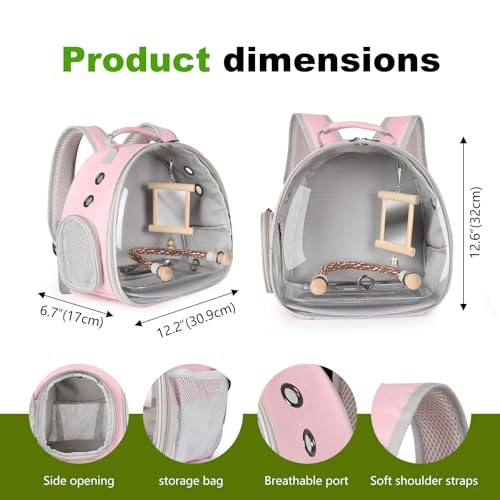 Image of Portable Parrot Travel Cage Carrier with Mirror Standing Toy Set Small Bird Parakeet Bag with Standing Perch Bird Carry Transport Bag (Pink, Backpack /Mirror)