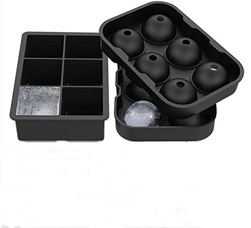HJ Bandejas para Hielo de Silicona, Juego de 2, 6 Moldes de hielo de silicona Molde cuadrado y redondo Bola de hielo, Reutilizable y sin BPA, para pudín, jalea de leche,Cola,Cócteles,Whisky Negro