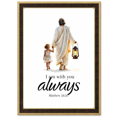 Image of Jesus With Child Wall Art Frame I Am With You Always Matthew 28 20 Christian Wall Decor Bible Verse Photo Frame Religious Gift Home Decor (12X8 Inch A4) GOLDEN COLOUR FRAME (MULTI COLOUR, Gold)