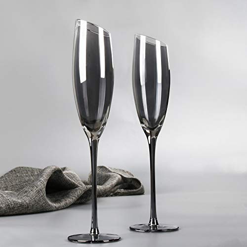 REAWOW Kristall Champagnergl&auml;ser Sektgl&auml;ser 180ml Bleifreies Galvanik Grau Champagnerfl&ouml;ten Sekt-Kelch mit gezogenem Stiel Geschenk Set 2tlg