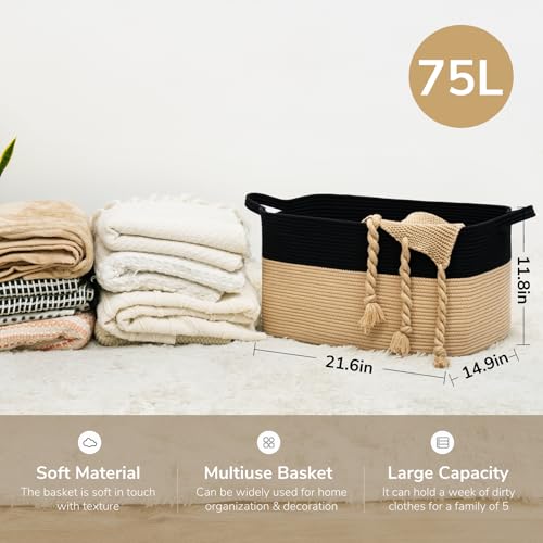 Goodpick Large Woven Storage Basket, 21.6" x 14.9" x 11.8" Rectangle Cotton Rope Laundry Basket with Handles, Baby Toy Blanket Storage for Living Room, Bedroom