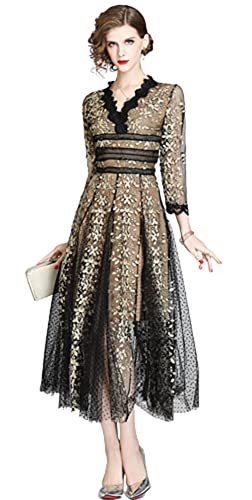 Robe Maxi Bal en Tulle Broderie Florale Noir et Or Taille XL pour Femme