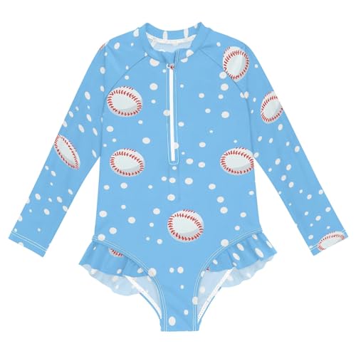 Girls One Piece Swimsuits Baseball White Dots Blue Pattern Beach Swimwear Long Sleeve Bathing Suit