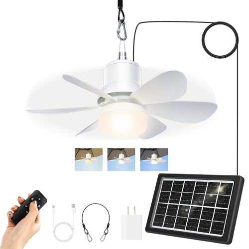 Brioeua Solar Ceiling Fan Light, Portable Outdoor Solar Fan with Remote Control & Battery for Gazebo, Tent, Patio, Camping, and Chicken Coop