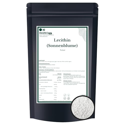 500 g | Sonnenblumen Lecithin Pulver E322 | Emulgator Stabilisator | 40100 Mesh | 100% rein vegan non GMO | Lebensmittelqualität | für Getränke Backwaren Supplemente | Rohstoff | INGREO