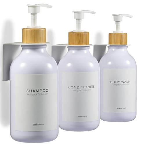 MaisoNovo Shampoo and Conditioner Dispenser - Shower Soap Dispenser Wall Mounted - 16.9 fl oz Set of 3 White Plastic Bottles Bamboo Pump - 3 Chamber No Drill