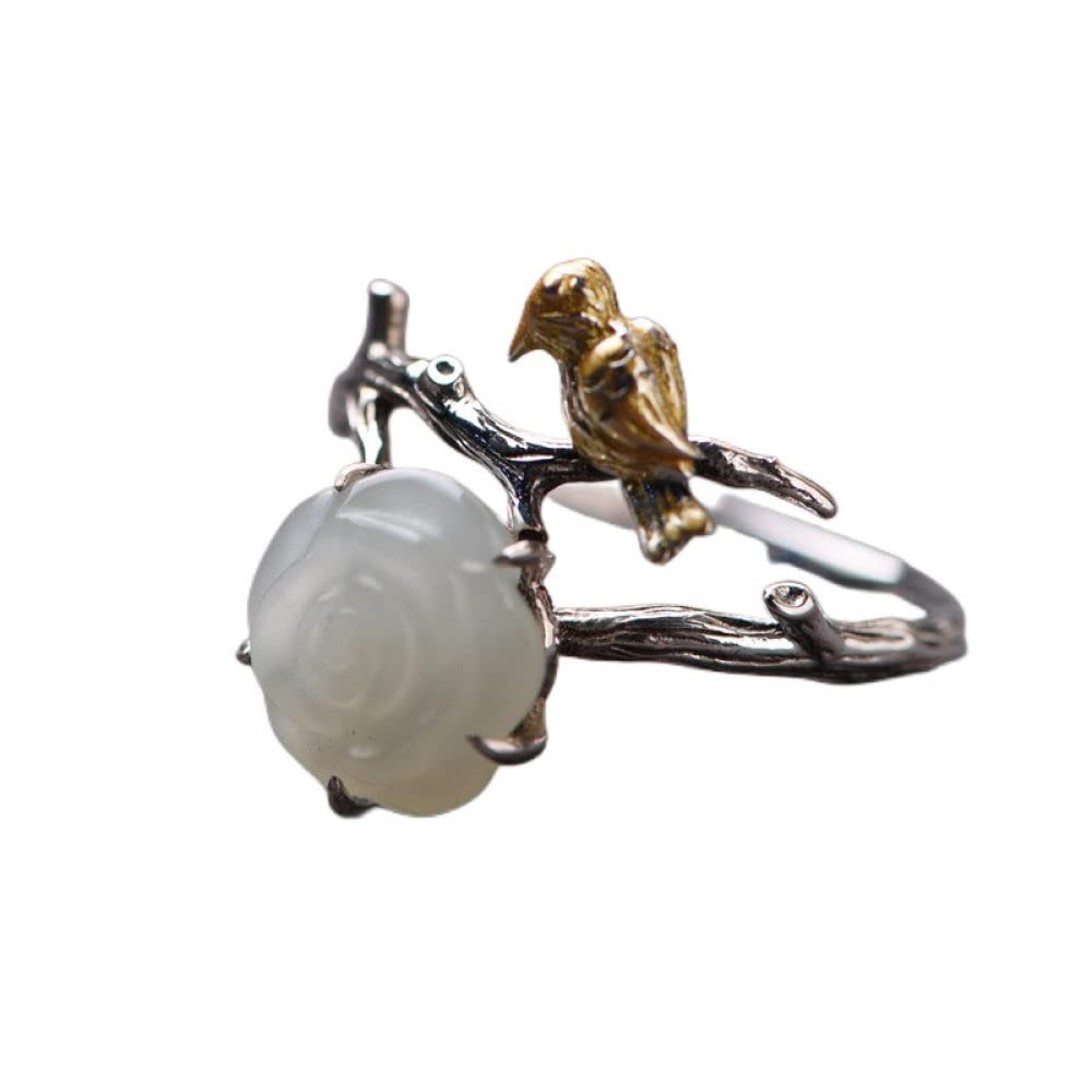 Anello in Argento 925 da Donna,Anelli Regolabili Placcato Oro Uccello Hetian Giada Rosa Fiore S925 Ramoscelli in Argento Sterling Anello Dito Indice di Fascino Gioielli Regali per Uomini Ragazze sig